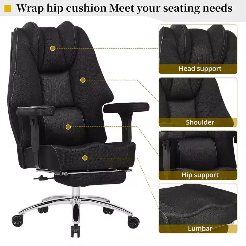 Sedia da ufficio ergonomica con poggiapiedi e braccioli, sedia regolabile in altezza con supporto lombare e collo, nera