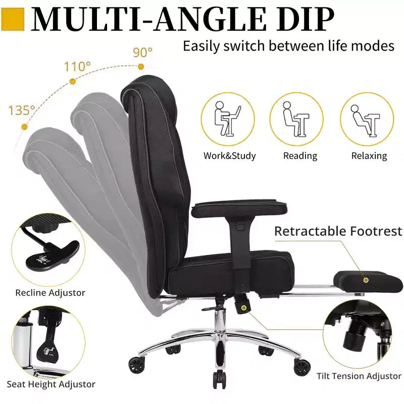 Sedia da ufficio ergonomica con poggiapiedi e braccioli, sedia regolabile in altezza con supporto lombare e collo, nera