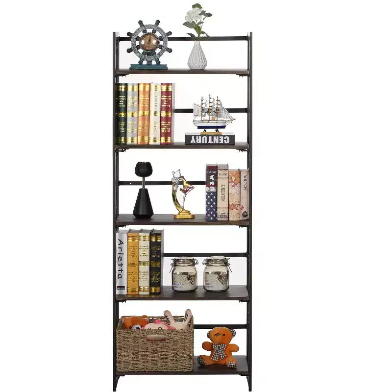 Libreria Pieghevole, Scaffale Pieghevole a 5 Ripiani, Organizer Industriale in Metallo Autoportante per Soggiorno o Camera da Letto, Marrone