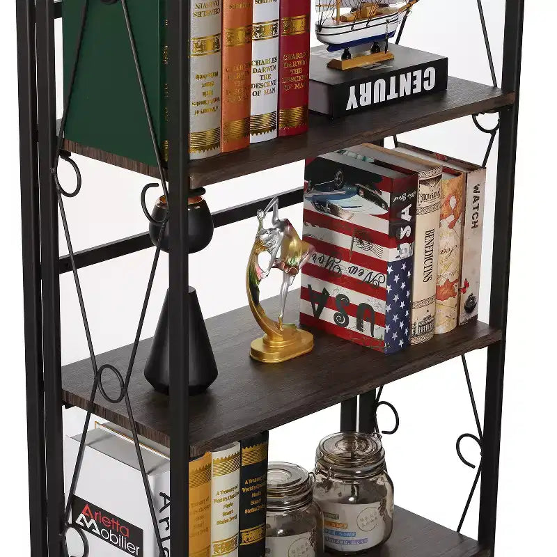 Libreria Pieghevole, Scaffale Pieghevole a 5 Ripiani, Organizer Industriale in Metallo Autoportante per Soggiorno o Camera da Letto, Marrone