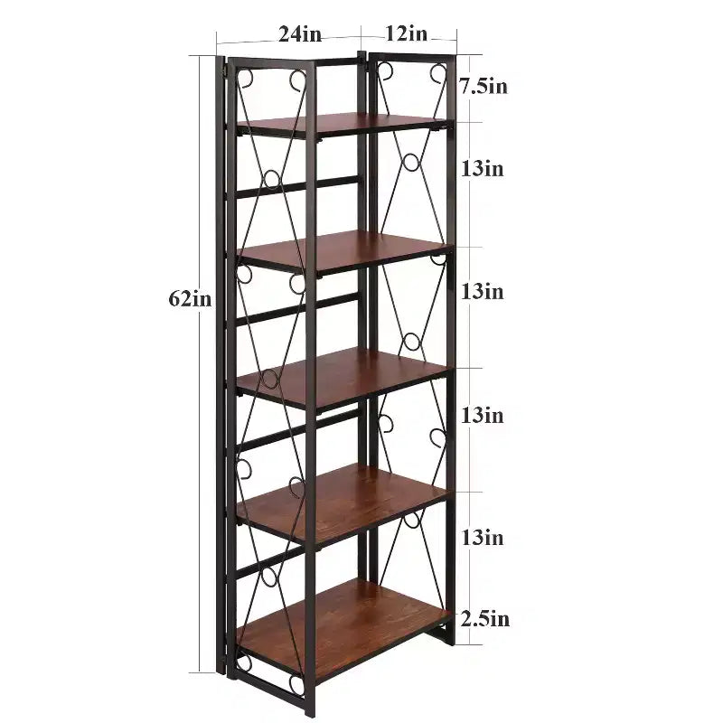 Libreria Pieghevole, Scaffale Pieghevole a 5 Ripiani, Organizer Industriale in Metallo Autoportante per Soggiorno o Camera da Letto, Marrone