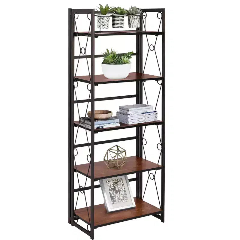 Libreria Pieghevole, Scaffale Pieghevole a 5 Ripiani, Organizer Industriale in Metallo Autoportante per Soggiorno o Camera da Letto, Marrone
