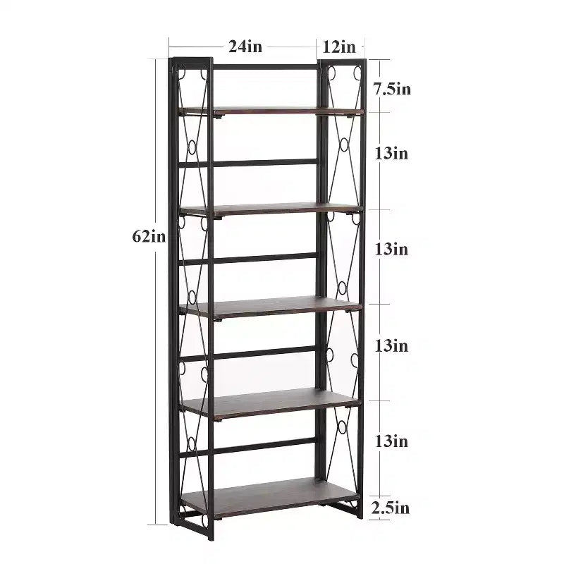 Libreria Pieghevole, Scaffale Pieghevole a 5 Ripiani, Organizer Industriale in Metallo Autoportante per Soggiorno o Camera da Letto, Marrone