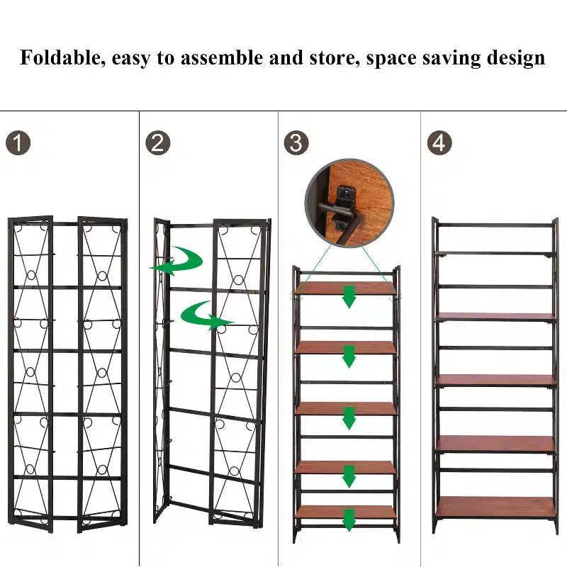 Libreria Pieghevole, Scaffale Pieghevole a 5 Ripiani, Organizer Industriale in Metallo Autoportante per Soggiorno o Camera da Letto, Marrone