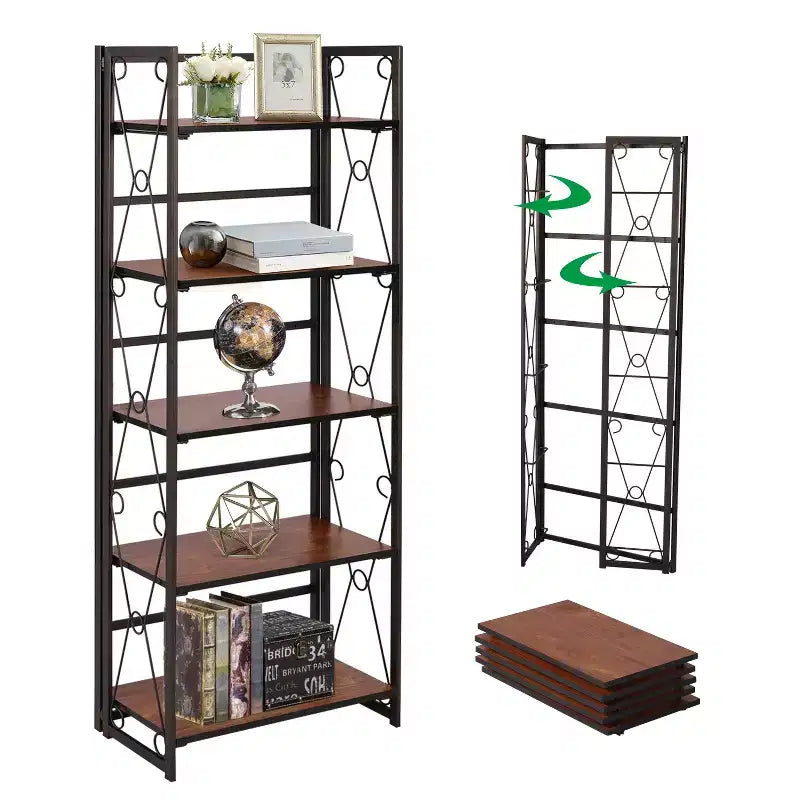 Libreria Pieghevole, Scaffale Pieghevole a 5 Ripiani, Organizer Industriale in Metallo Autoportante per Soggiorno o Camera da Letto, Marrone