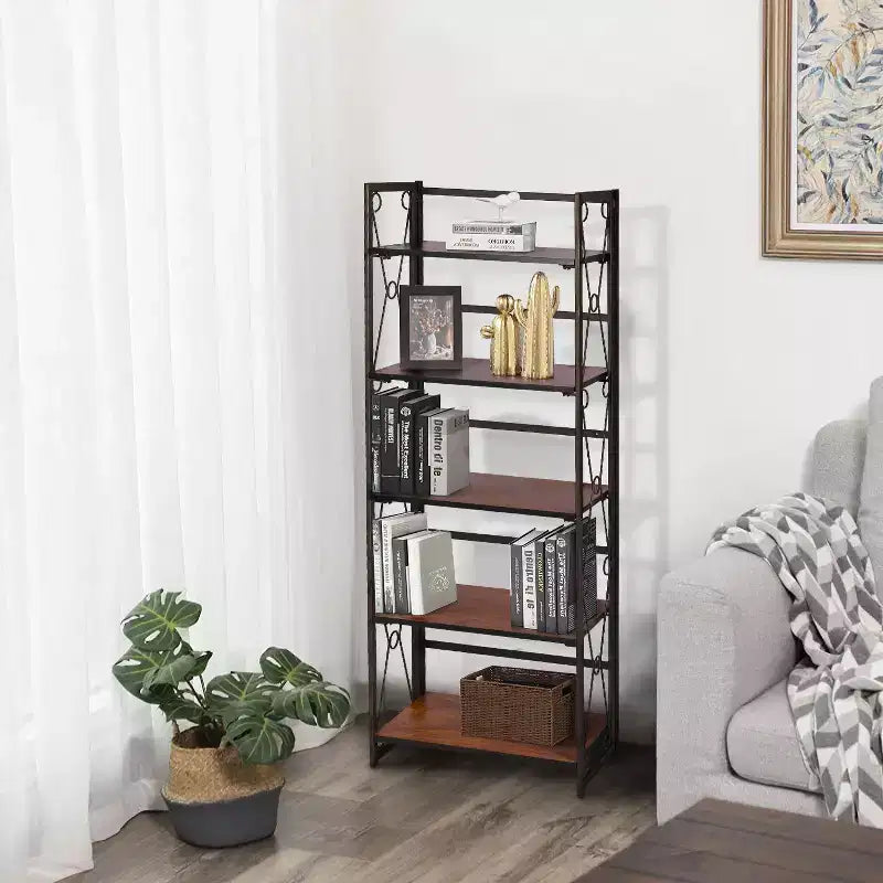 Libreria Pieghevole, Scaffale Pieghevole a 5 Ripiani, Organizer Industriale in Metallo Autoportante per Soggiorno o Camera da Letto, Marrone
