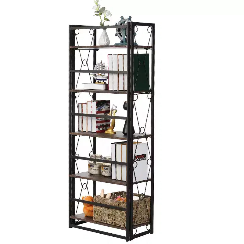 Libreria Pieghevole, Scaffale Pieghevole a 5 Ripiani, Organizer Industriale in Metallo Autoportante per Soggiorno o Camera da Letto, Marrone
