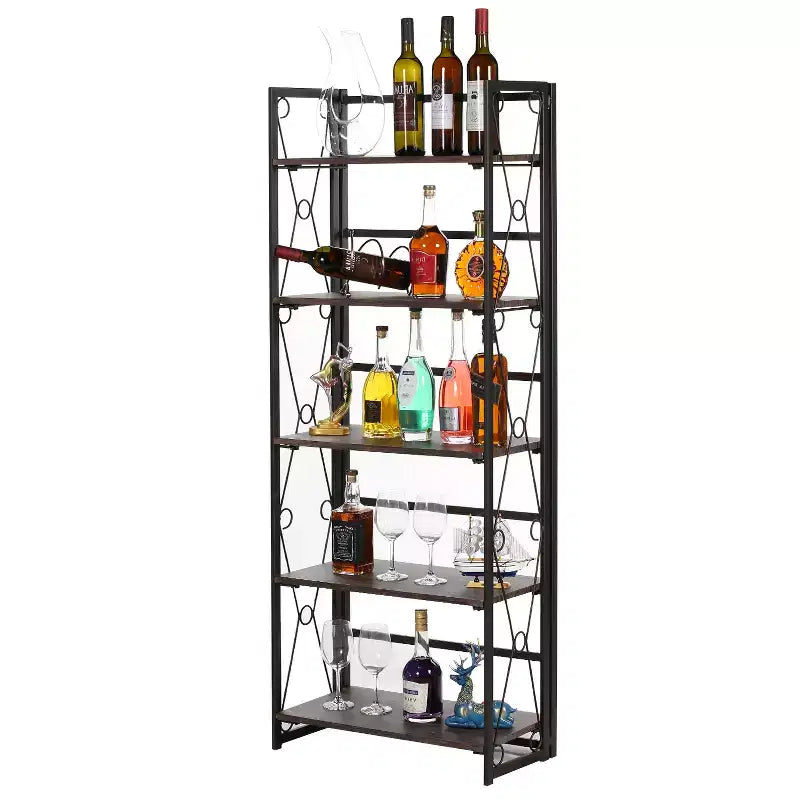 Libreria Pieghevole, Scaffale Pieghevole a 5 Ripiani, Organizer Industriale in Metallo Autoportante per Soggiorno o Camera da Letto, Marrone