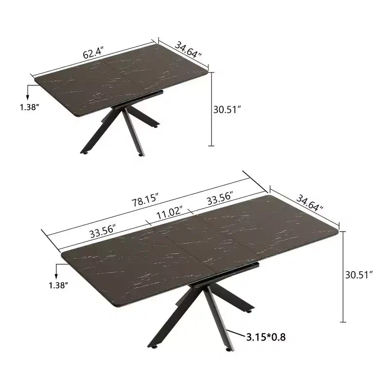 Tavolo da pranzo moderno allungabile con base in metallo nero, tavolo rettangolare da cucina per sala da pranzo o zona colazione