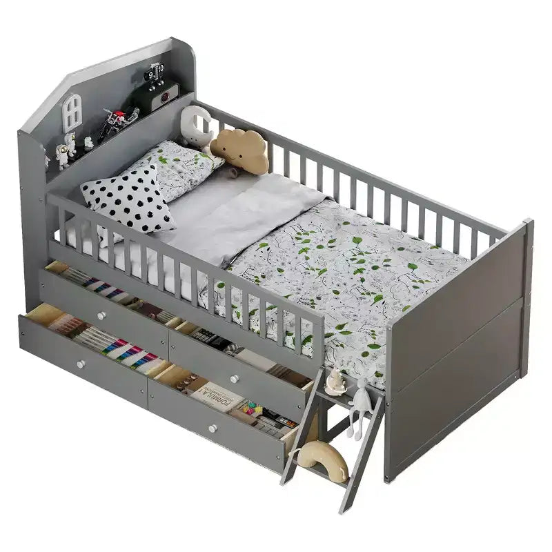 Struttura Letto Singolo in Legno, Base Letto a Piattaforma con 4 Cassetti Contenitore, Testiera con Spondina e Scaletta
