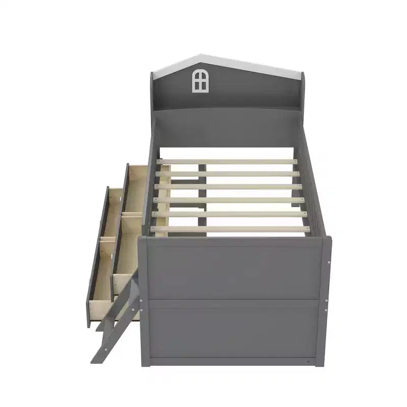 Struttura Letto Singolo in Legno, Base Letto a Piattaforma con 4 Cassetti Contenitore, Testiera con Spondina e Scaletta