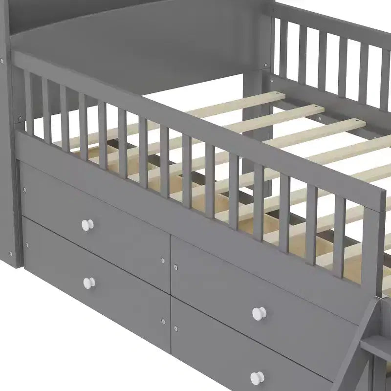 Struttura Letto Singolo in Legno, Base Letto a Piattaforma con 4 Cassetti Contenitore, Testiera con Spondina e Scaletta