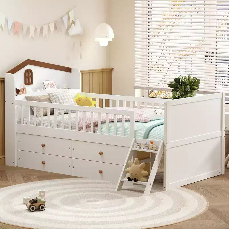 Struttura Letto Singolo in Legno, Base Letto a Piattaforma con 4 Cassetti Contenitore, Testiera con Spondina e Scaletta