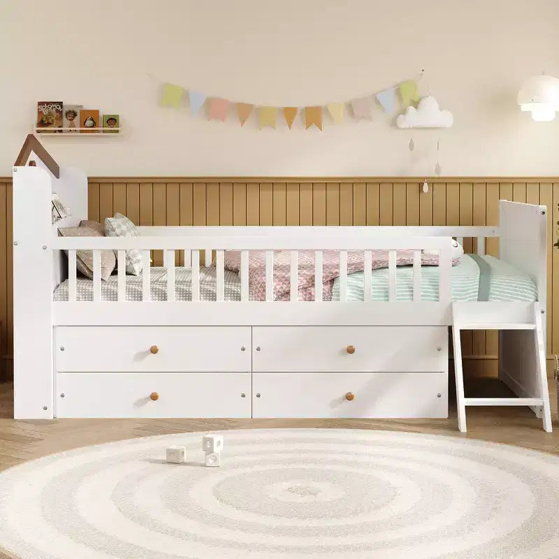 Struttura Letto Singolo in Legno, Base Letto a Piattaforma con 4 Cassetti Contenitore, Testiera con Spondina e Scaletta