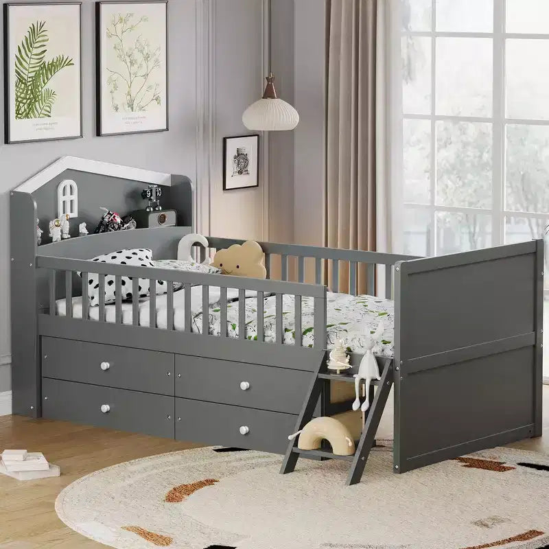 Struttura Letto Singolo in Legno, Base Letto a Piattaforma con 4 Cassetti Contenitore, Testiera con Spondina e Scaletta