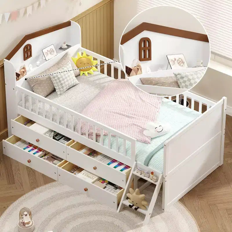 Struttura Letto Singolo in Legno, Base Letto a Piattaforma con 4 Cassetti Contenitore, Testiera con Spondina e Scaletta