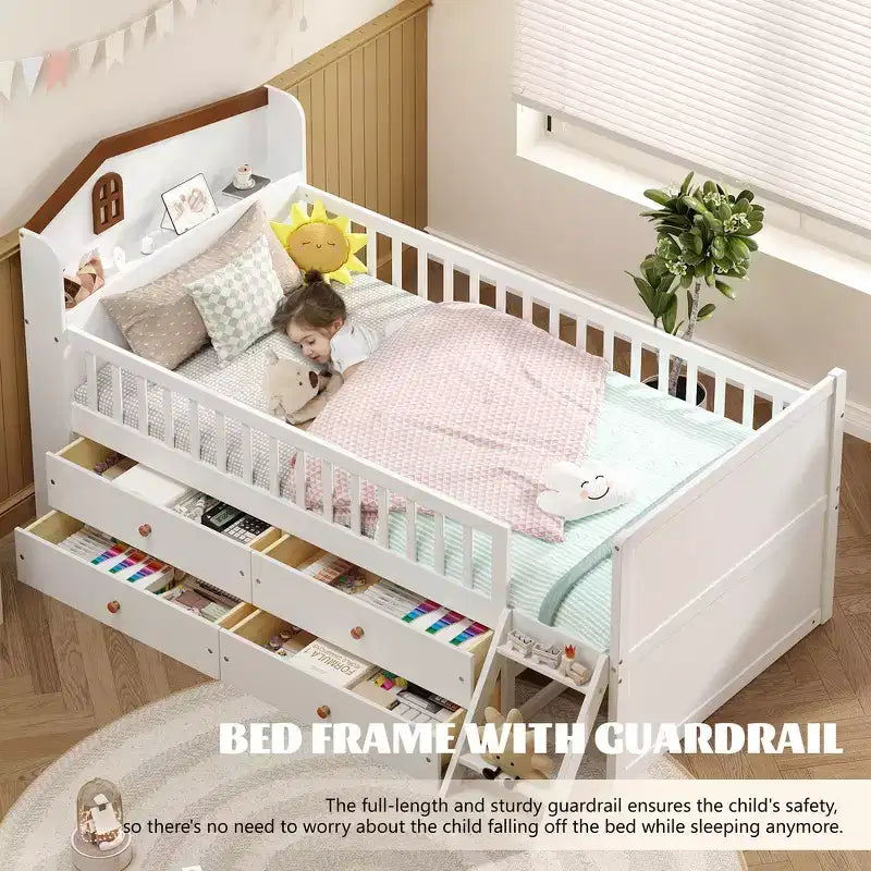 Struttura Letto Singolo in Legno, Base Letto a Piattaforma con 4 Cassetti Contenitore, Testiera con Spondina e Scaletta