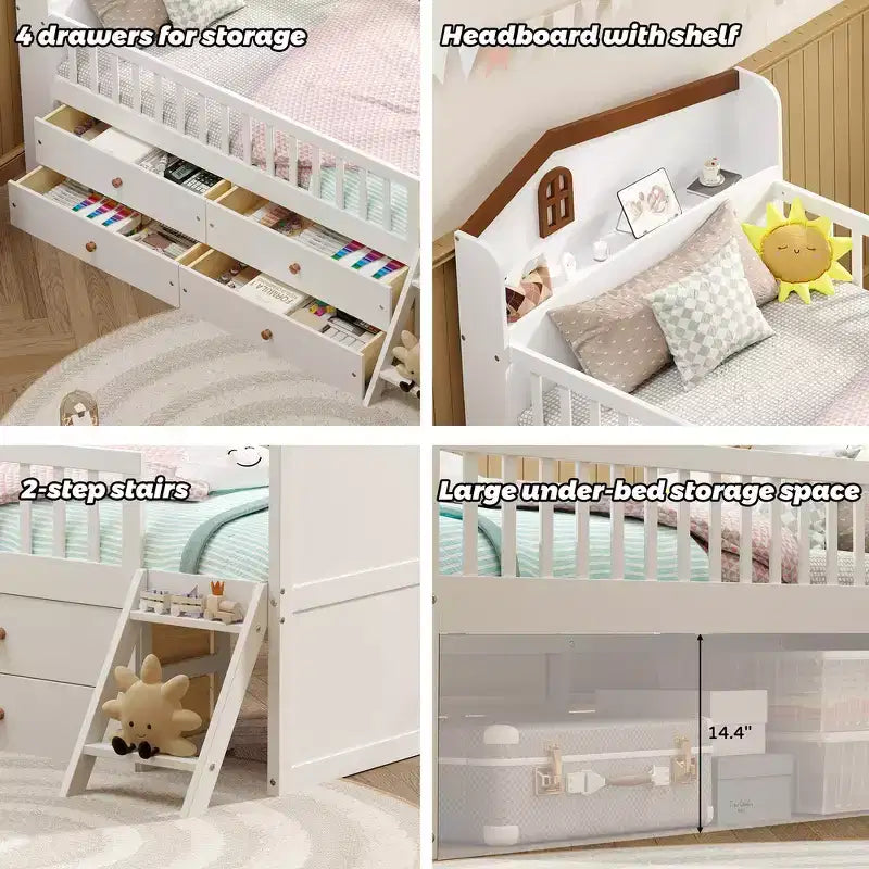 Struttura Letto Singolo in Legno, Base Letto a Piattaforma con 4 Cassetti Contenitore, Testiera con Spondina e Scaletta