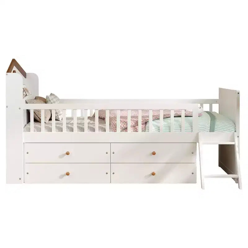 Struttura Letto Singolo in Legno, Base Letto a Piattaforma con 4 Cassetti Contenitore, Testiera con Spondina e Scaletta
