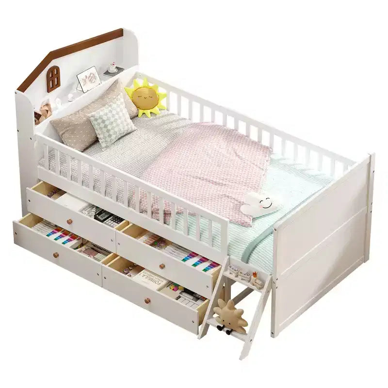 Struttura Letto Singolo in Legno, Base Letto a Piattaforma con 4 Cassetti Contenitore, Testiera con Spondina e Scaletta