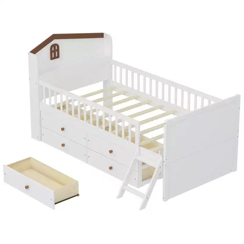 Struttura Letto Singolo in Legno, Base Letto a Piattaforma con 4 Cassetti Contenitore, Testiera con Spondina e Scaletta