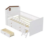 Struttura Letto Singolo in Legno, Base Letto a Piattaforma con 4 Cassetti Contenitore, Testiera con Spondina e Scaletta