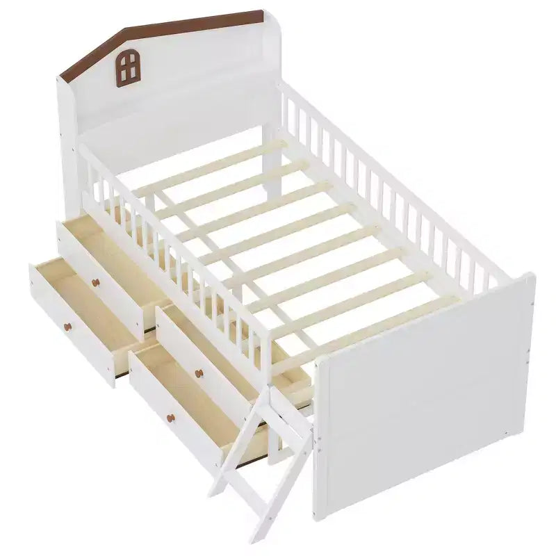 Struttura Letto Singolo in Legno, Base Letto a Piattaforma con 4 Cassetti Contenitore, Testiera con Spondina e Scaletta