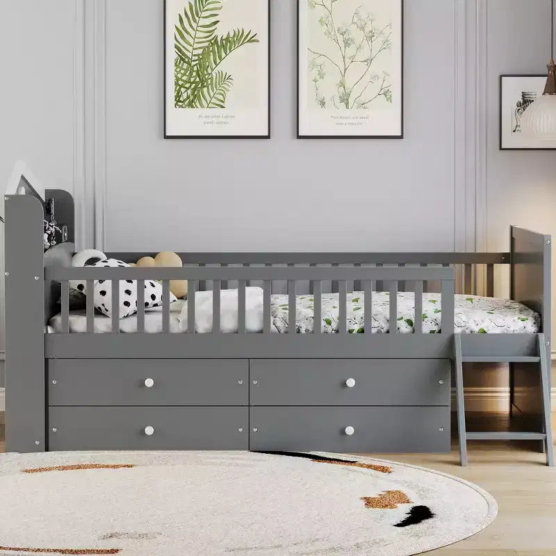 Struttura Letto Singolo in Legno, Base Letto a Piattaforma con 4 Cassetti Contenitore, Testiera con Spondina e Scaletta