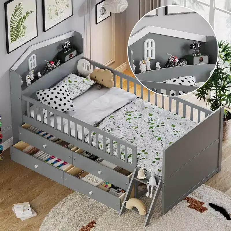 Struttura Letto Singolo in Legno, Base Letto a Piattaforma con 4 Cassetti Contenitore, Testiera con Spondina e Scaletta