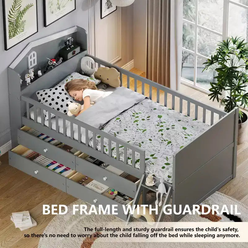 Struttura Letto Singolo in Legno, Base Letto a Piattaforma con 4 Cassetti Contenitore, Testiera con Spondina e Scaletta