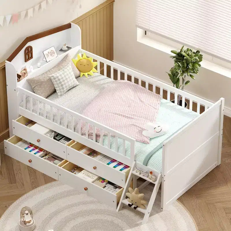Struttura Letto Singolo in Legno, Base Letto a Piattaforma con 4 Cassetti Contenitore, Testiera con Spondina e Scaletta