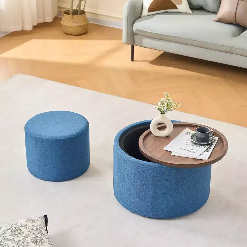 Ottoman Moderni Contenitori in Lino con Vassoio in Legno, Poggiapiedi Imbottiti e Tavolino Rotondo (confezione da 2)