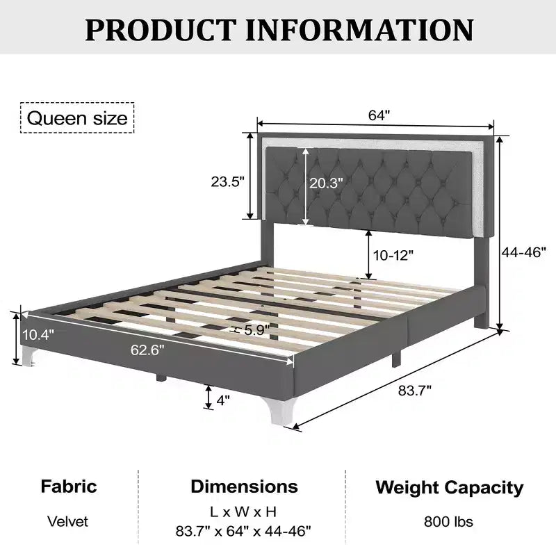 Letto imbottito con piattaforma Queen Size e due comodini
