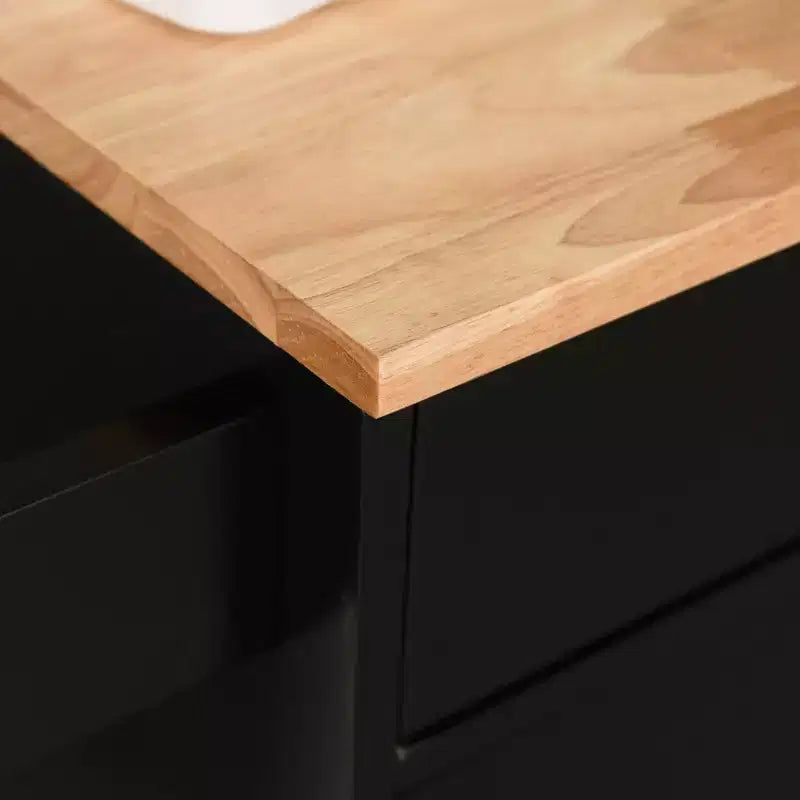 Isola da cucina in impiallacciatura di legno di gomma nera da 56 pollici con ripiano regolabile, mensole a 1 anta, 4 ruote con cassetti profondi