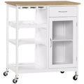 FAMYYT White Bamboo Wood Top 19 in. Kitchen Island with 4-bottle Wine Rack, Bar Cart with Stemware Holder, Drawer and Cabinet