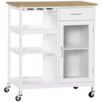 FAMYYT White Bamboo Wood Top 19 in. Kitchen Island with 4-bottle Wine Rack, Bar Cart with Stemware Holder, Drawer and Cabinet