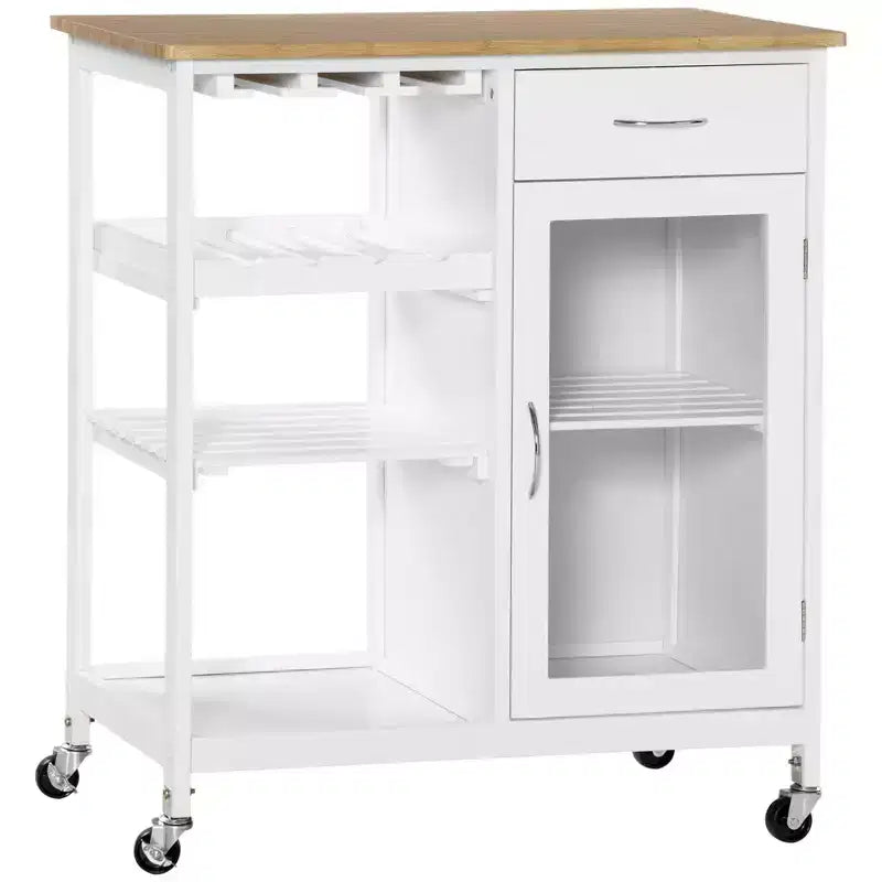 FAMYYT White Bamboo Wood Top 19 in. Kitchen Island with 4-bottle Wine Rack, Bar Cart with Stemware Holder, Drawer and Cabinet