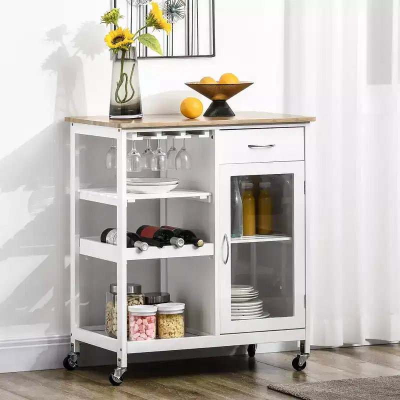 Isola da Cucina in Legno di Bambù Bianco da 48 cm con Portabottiglie da 4, Carrello Bar con Portabicchieri, Cassetto e Armadietto