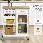 Isola da Cucina in Legno di Bambù Bianco da 48 cm con Portabottiglie da 4, Carrello Bar con Portabicchieri, Cassetto e Armadietto