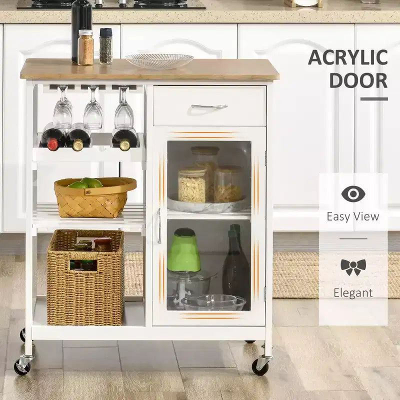 Isola da Cucina in Legno di Bambù Bianco da 48 cm con Portabottiglie da 4, Carrello Bar con Portabicchieri, Cassetto e Armadietto