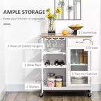Isola da Cucina in Legno di Bambù Bianco da 48 cm con Portabottiglie da 4, Carrello Bar con Portabicchieri, Cassetto e Armadietto