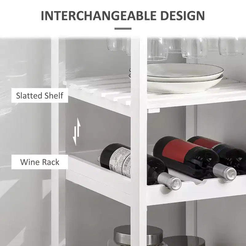 Isola da Cucina in Legno di Bambù Bianco da 48 cm con Portabottiglie da 4, Carrello Bar con Portabicchieri, Cassetto e Armadietto