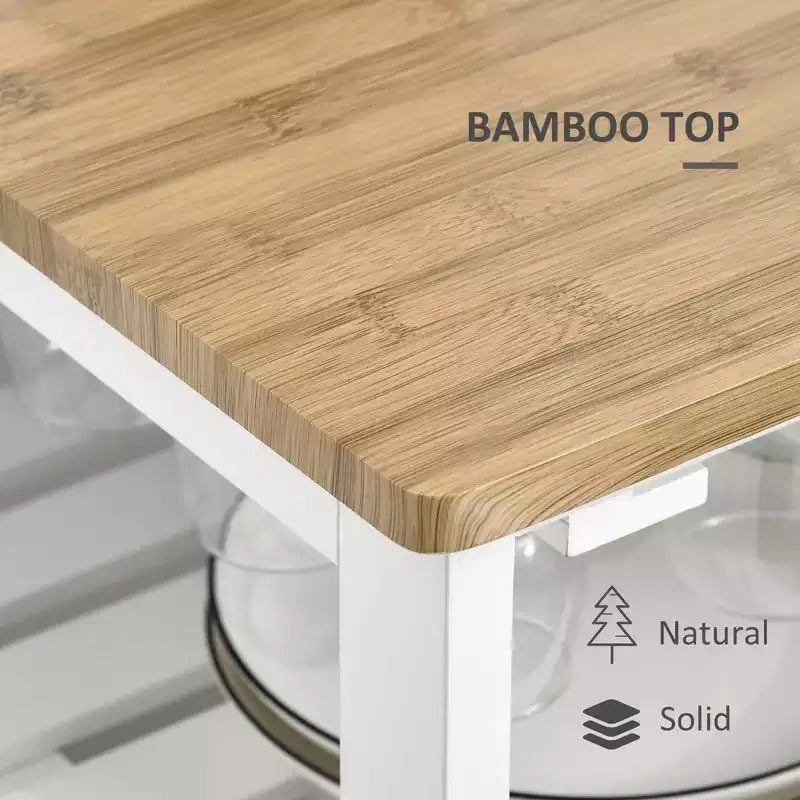 Isola da Cucina in Legno di Bambù Bianco da 48 cm con Portabottiglie da 4, Carrello Bar con Portabicchieri, Cassetto e Armadietto