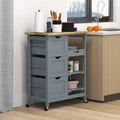 Isola per Cucina da 37 cm con Top in Legno di Gomma Grigio, 3 Cassetti, 1 Vassoio e 2 Ripiani a Doghe