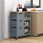 Isola per Cucina da 37 cm con Top in Legno di Gomma Grigio, 3 Cassetti, 1 Vassoio e 2 Ripiani a Doghe