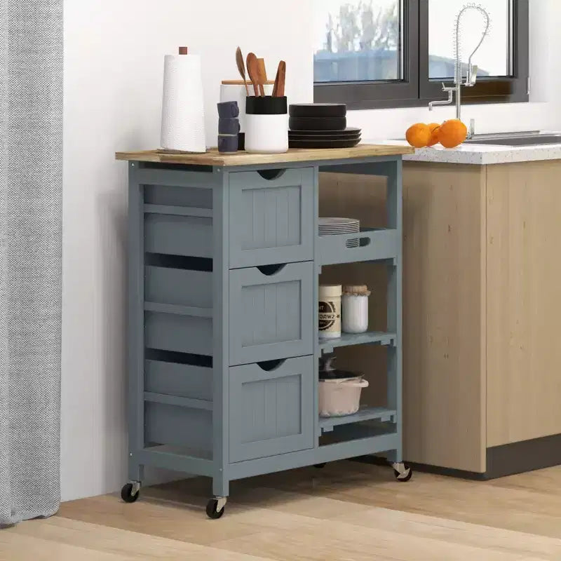 Isola per Cucina da 37 cm con Top in Legno di Gomma Grigio, 3 Cassetti, 1 Vassoio e 2 Ripiani a Doghe
