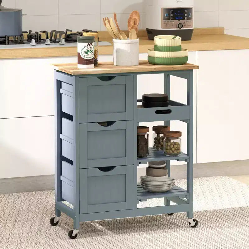 Isola per Cucina da 37 cm con Top in Legno di Gomma Grigio, 3 Cassetti, 1 Vassoio e 2 Ripiani a Doghe