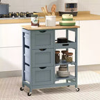 Isola per Cucina da 37 cm con Top in Legno di Gomma Grigio, 3 Cassetti, 1 Vassoio e 2 Ripiani a Doghe
