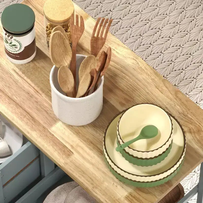 Isola per Cucina da 37 cm con Top in Legno di Gomma Grigio, 3 Cassetti, 1 Vassoio e 2 Ripiani a Doghe