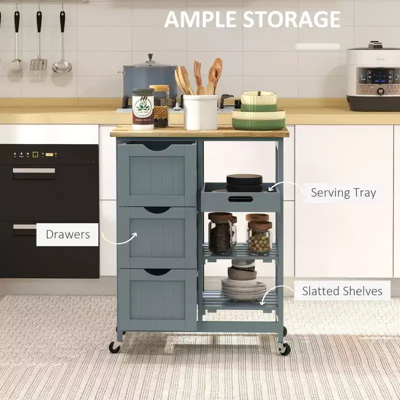 Isola per Cucina da 37 cm con Top in Legno di Gomma Grigio, 3 Cassetti, 1 Vassoio e 2 Ripiani a Doghe